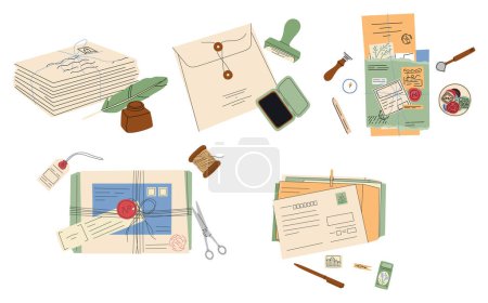 Sammlung von verschiedenen Umschlägen mit Post, Poststempeln und Postkarten vektorförmige flache Abbildung. Set aus verschiedenen Briefen aus Bastelpapier, Briefpapier, Siegellack und handgefertigten Karten isoliert