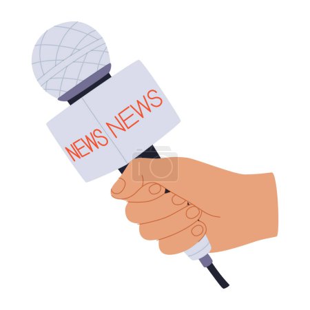 News illustration vector. Human hand and modern microphone. Journalism on flat design and white background concept and creative Microphone and one journalist cartoon
