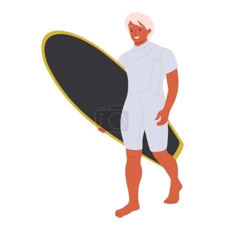 Illustration for Man walking with surfboard in hands, talking and pointing at sea. Active tanned guy surfer going and holding surf board on summer holidays. Flat vector illustration isolated on white background - Royalty Free Image