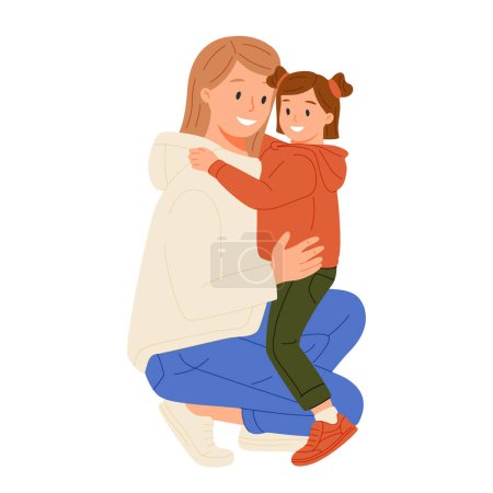 Happy mother hugging cute smiling child. Family, girl kid and mom cuddling, embracing with love. Woman parent caring, supporting little daughter. Flat vector illustration isolated on white background