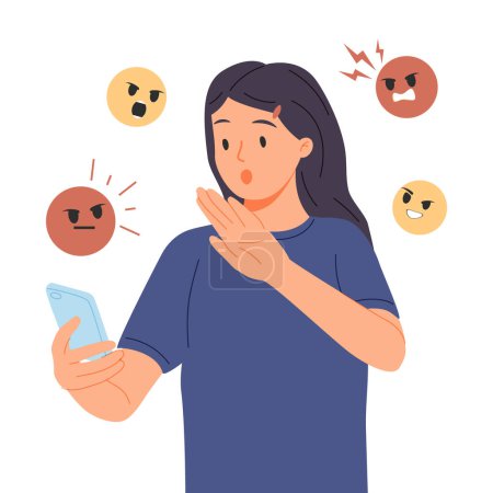 Cyber bullying people vector illustration. Cartoon flat sad young bullied girl character sitting in front of phone with online dislike in social media, cyberbullying mockery problem isolated on white