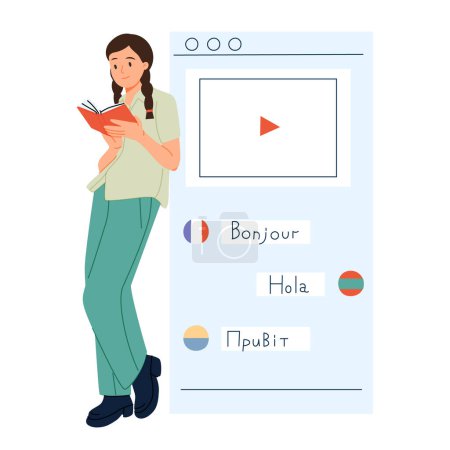 Online multi language translator app concept. Multilingual communication between people. Using translate app on smartphone for learning language. Dialogue between foreign people, vector illustration