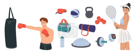 Illustration for Sport equipment, gym accessory, people athlete set. Dumbbell, barbell, fitness ball, yoga mat, bag, sportswear for training. Workout stuff bundle. Flat vector illustration isolated on white background - Royalty Free Image