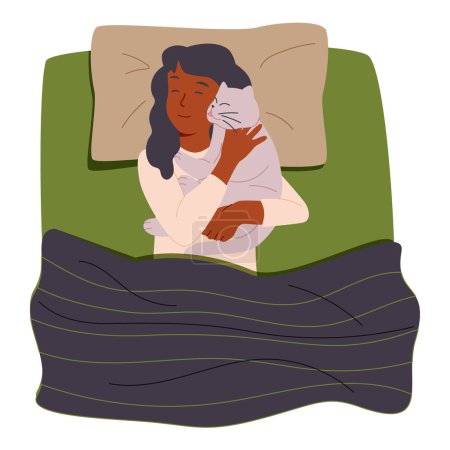 Morning sleep of woman with cute cat sleeping and lying on her. Person sleeping in bed with kitty. Female dreaming on pillow under blanket in bedroom. Flat vector illustration of girl and pet relaxing