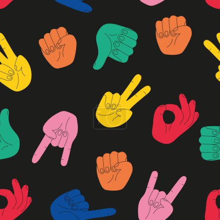 Popular hand gestures. Trendy colored icons collection. Vector illustration. Doodle hand drawn seamless pattern