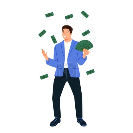 Rich man holding much money, cash in hands. Wealthy character, millionaire with finance fortune, lot of paper bills, banknotes, dollars. Flat vector illustration isolated on white background