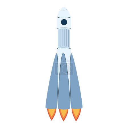 Cosmic rocket flying in open space with engine fire flames. Futuristic rocketship or spaceship. Shuttle during cosmos flight. Colored flat textured vector illustration of intergalactic transport