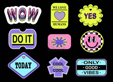 Illustration for Set Of Cool Retro Stickers Vector Design. Acid Cool trendy retro stickers with smile faces, patches with different phrases. hipster retrowave stickers. - Royalty Free Image