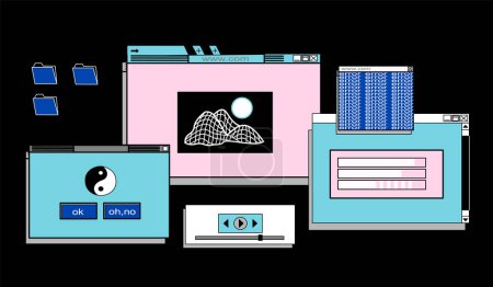 Photo for Retro vaporwave desktop with message boxes and user interface elements.web banner template in retro 90s style. Vector illustration of UI and UX. Simple illustration 80s inspired background template - Royalty Free Image