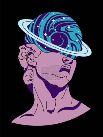 Abstract greek ancient sculpture David. Vector illustrations of modern statues. Punk culture inspired. Sculpture illustration with head David In Techno style. Urban street style retrowave