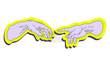 Photo for Stickers Hands going to touch together against the backdrop. Look like the Michelangelo's art. Cyberpunk and vaporwave style. Vector template of cover, event flyer, club party invitation - Royalty Free Image