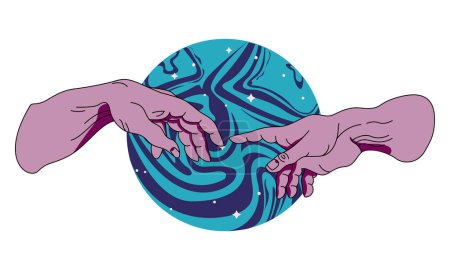 Photo for Hands going to touch together against the backdrop of space. Look like the Michelangelo's art. Cyberpunk and vaporwave style. Vector template of cover, event flyer, club party invitation - Royalty Free Image