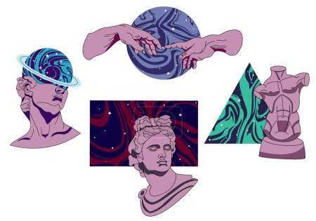 Photo for Various Antique Statues. Vaporwave stickers with greek sculpture, Tors, Hands and cosmic space elements in trendy psychedelic weird style. Vector Gold Stars galaxy surrealism. - Royalty Free Image
