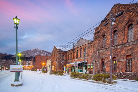Téléchargez les photos : Paysage urbain des entrepôts historiques de briques rouges et du mont Hakodate au crépuscule à Hakodate, Hokkaido Japon en hiver - en image libre de droit