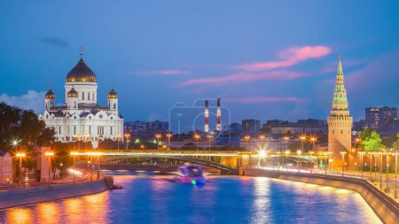 Photo for Panoramic view of the Moscow river and the Kremlin palace in Russia at sunset - Royalty Free Image