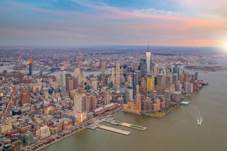 Photo for Aerial view of Manhattan skyline at sunset, NYC in United States - Royalty Free Image