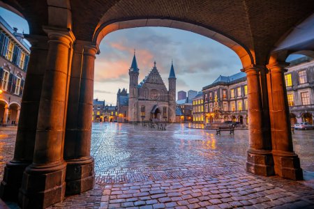 Photo for Inner courtyard of the Binnenhof palace in the Hague, Netherlands at night - Royalty Free Image