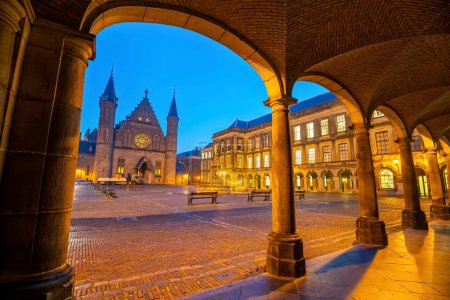 Photo for Inner courtyard of the Binnenhof palace in the Hague, Netherlands at night - Royalty Free Image