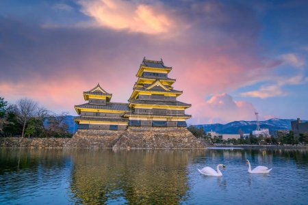 Photo for Matsumoto Castle with its reflection in Matsumoto Nagano Prefecture Japan at night with swans - Royalty Free Image