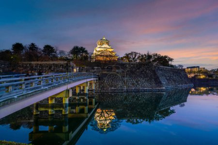 Téléchargez les photos : Crépuscule au château d'Osaka pendant la saison des fleurs de cerisier au Japon au coucher du soleil - en image libre de droit