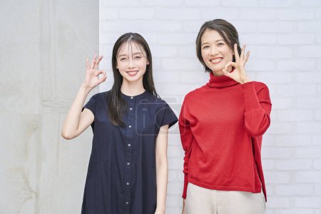 Téléchargez les photos : Deux femmes souriant et donnant un signe OK main - en image libre de droit