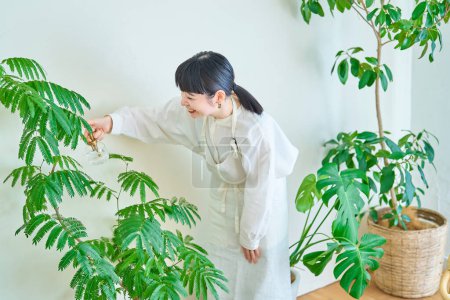 Foto de Una joven regando las plantas de interior en la habitación - Imagen libre de derechos