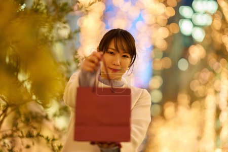 Téléchargez les photos : Une femme tenant un sac en papier et le paysage urbain scintillant d'illuminations - en image libre de droit
