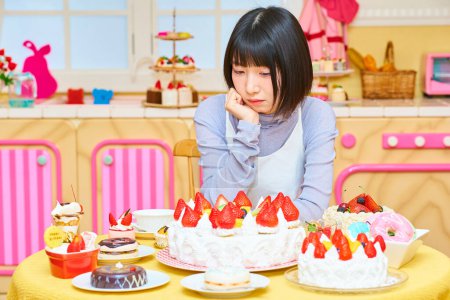 Photo for A young woman surrounded by sweets in the room - Royalty Free Image