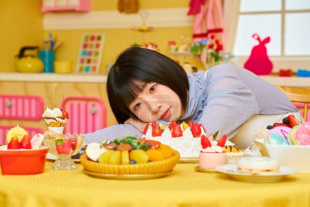 Eine junge Frau umringt von Süßigkeiten im Zimmer