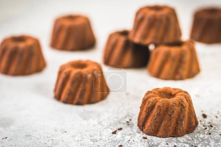 Téléchargez les photos : Pralines au chocolat sous la forme de petits gâteaux Bundt saupoudrés de cacao, sur un fond gris clair, se concentrer sur un seul chocolat au premier plan - en image libre de droit