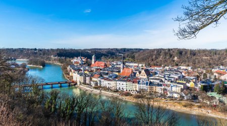 Wasserburg am Inn, romantic bavarian town on the Inn river in winter, panoramic aerial view