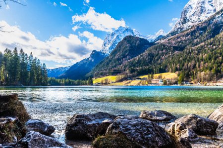Lake Hintersee in Germany, Bavaria, Ramsau National Park in the Alps. Beautiful winter landscape.