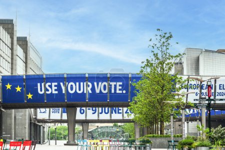 Photo for Brussels, Belgium, 25.05.2024: A giant poster announcing the upcoming European Elections, stucks on the facades of the European Parliament buildings - Royalty Free Image