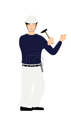 Illustration for Carpenter man pose, Put a nail in the wall - Royalty Free Image
