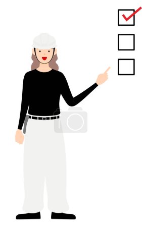 Illustration for Carpenter woman pose, Pointing to a checklist - Royalty Free Image