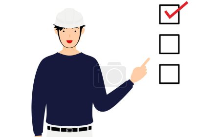 Illustration for Carpenter man pose, Pointing to a checklist - Royalty Free Image
