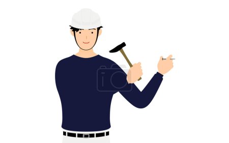 Ilustración de Hombre carpintero pose, poner un clavo en la pared - Imagen libre de derechos