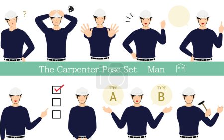 Illustration for Pose set for man carpenter, questioning, worrying, encouraging, pointing, etc. - Royalty Free Image