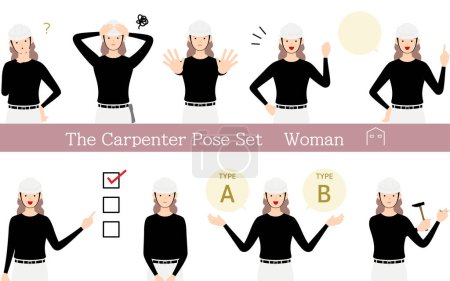 Illustration for Pose set for woman carpenter, questioning, worrying, encouraging, pointing, etc. - Royalty Free Image