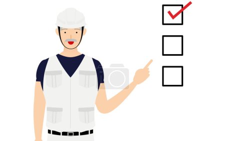 Illustration for Carpenter senior man pose, Pointing to a checklist - Royalty Free Image