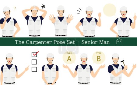 Illustration for Pose set for senior man carpenter, questioning, worrying, encouraging, pointing, etc. - Royalty Free Image