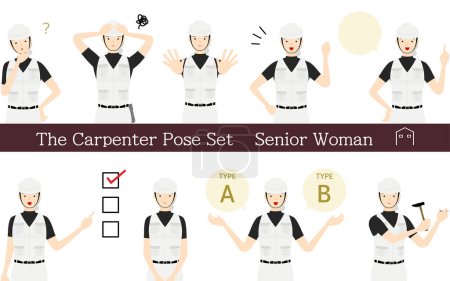 Illustration for Pose set for senior woman carpenter, questioning, worrying, encouraging, pointing, etc. - Royalty Free Image