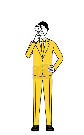 Simple line drawing illustration of a businessman in a suit looking through magnifying glasses