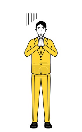 Illustration for Simple line drawing illustration of a businessman in a suit apologizing with his hands in front of his body. - Royalty Free Image