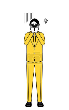 Ilustración de Dibujo de línea simple ilustración de un hombre de negocios en un traje que cubre su cara en la depresión. - Imagen libre de derechos