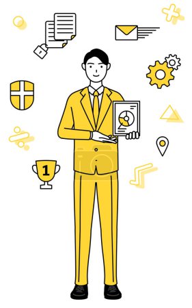 Illustration for Image of DXing,simple line drawing illustration of a businessman in a suit using digital technology to improve his business - Royalty Free Image