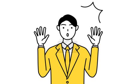 Illustration for Simple line drawing illustration of a businessman in a suit raising his hand in surprise. - Royalty Free Image