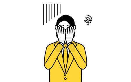 Ilustración de Dibujo de línea simple ilustración de un hombre de negocios en un traje que cubre su cara en la depresión. - Imagen libre de derechos