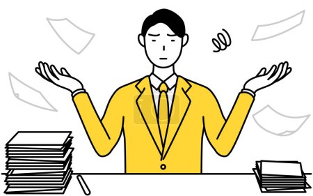 Illustration for Simple line drawing illustration of a businessman in a suit who is fed up with his unorganized business. - Royalty Free Image