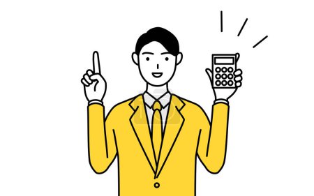 Ilustración de Dibujo de línea simple ilustración de un hombre de negocios en un traje sosteniendo una calculadora y señalando. - Imagen libre de derechos